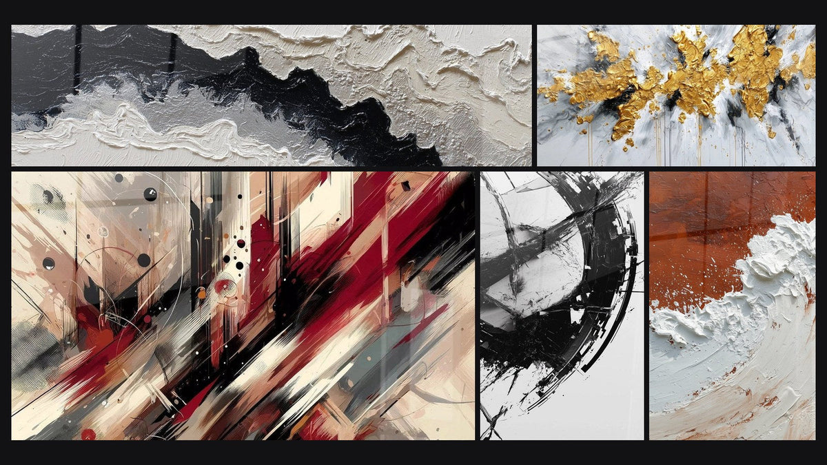 Mosaico de cinco cuadros, entre ellos Turbulencia Artística y La Fractura del Tiempo