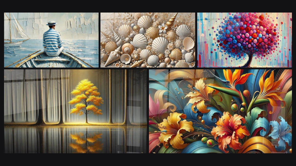 Mosaic of five paintings, including The Art of Water, Jewels of the Sands and Eternal Tranquility