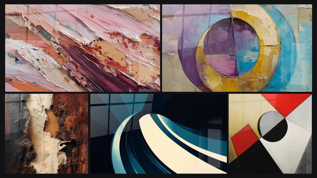 Mosaic of five paintings, including Concentric Colored Circles, Modern Spiral Wave and Colorful geometric shapes