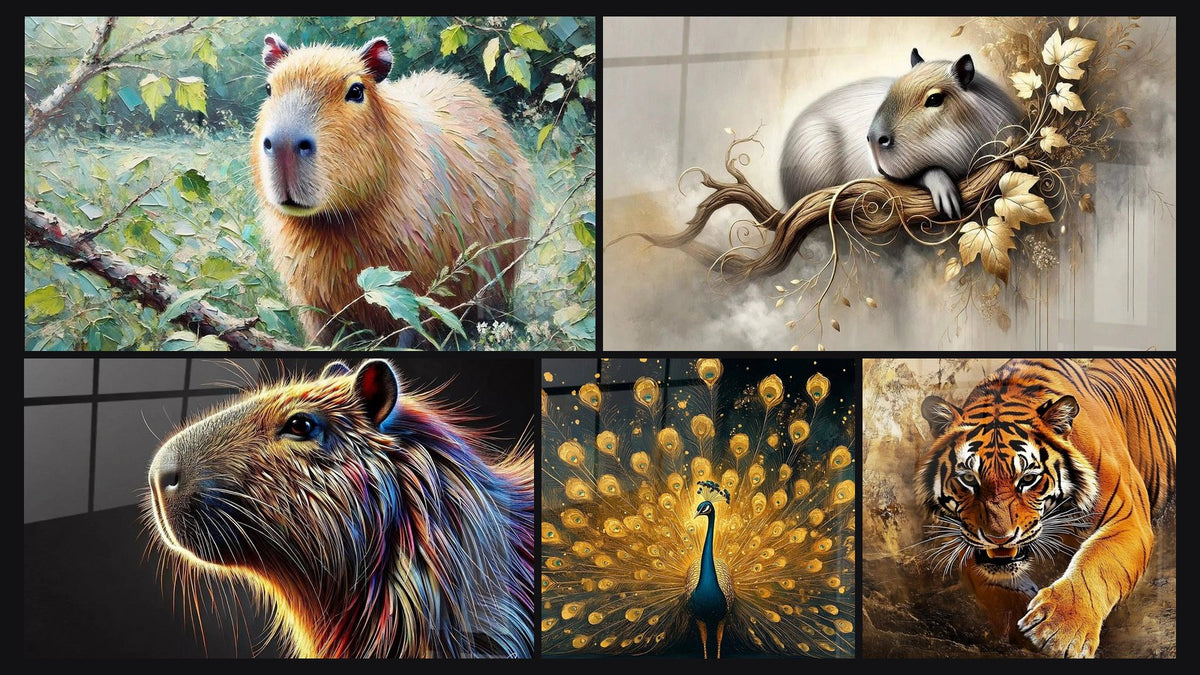Mosaic of five paintings, including Forest Encounter, Gentleness in Nature and Peacock Crown of Eternity