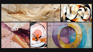 Mosaic of five paintings, including Concentric Colored Circles and Interlocking circular shapes