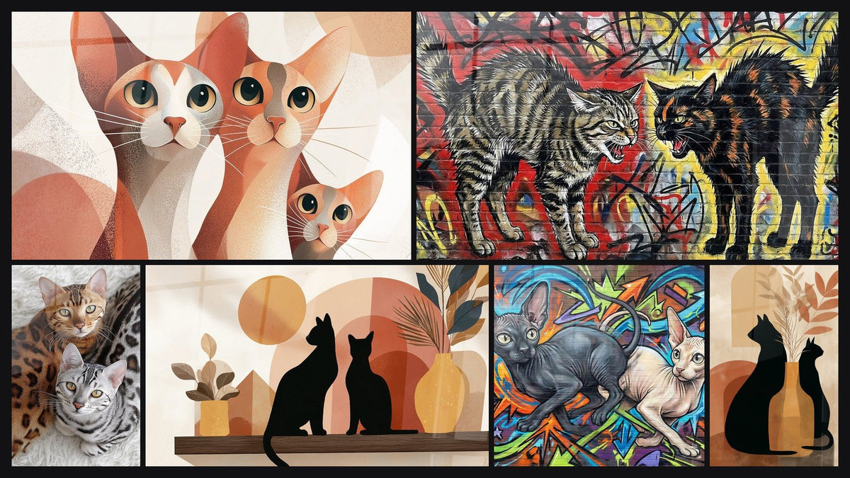 Mosaïque de six tableaux, dont Famille de Chats Singapura Géométrique et Duo de Chats Bengal