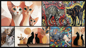 Mosaic of six paintings, including Singapura Cat Family Geometric and Bengal Cat Duo
