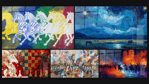 Mosaic of five paintings, including Hypnotic Galloping Horses, Camargue Horses and Red and Gold Chess Horses
