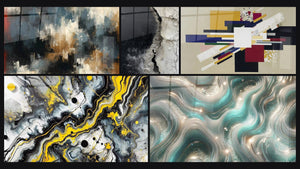 Mosaic of five paintings, including Organized Chaos, Black Impact and Abstract Black White Gray Cracked Textured