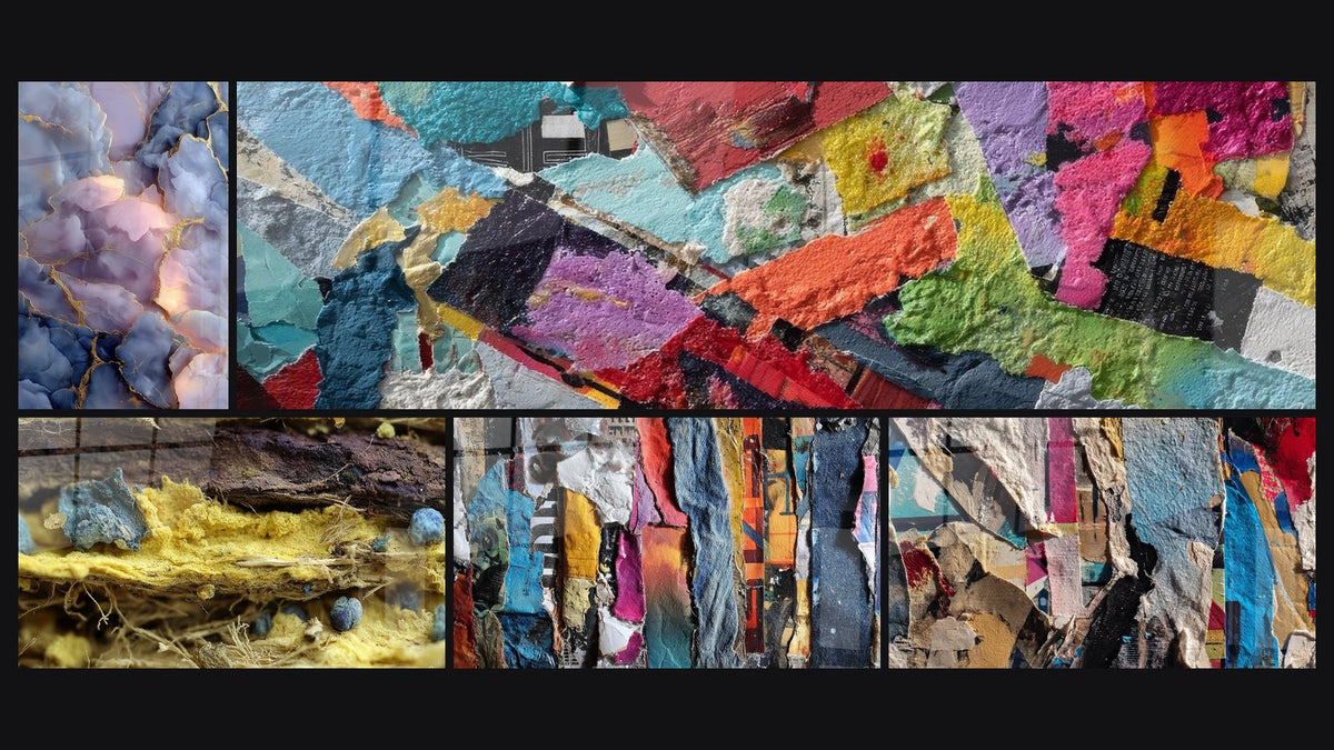 Mosaic of five paintings, including Microscopic Organic Structures, Multicolor Abstract and Colorful Abstract Fragments