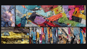 Mosaico de cinco cuadros, entre ellos Nubes Azules y Dorados con Vetas de Mármol y Estructuras orgánicas microscópicas