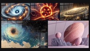 Mosaïque de cinq tableaux, dont Espace N°6, Fureur Astrale et Galaxie spirale cosmique