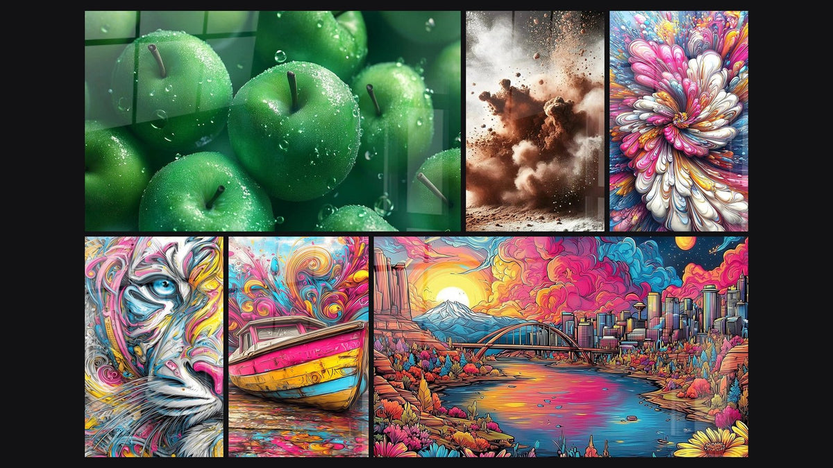 Mosaico di sei quadri, tra cui Mela N°2, Magia Cioccolatata e Fiori Astratti