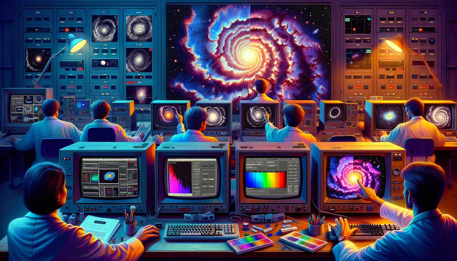 Processus de création des images Hubble : données brutes monochromes transformées en couleurs spectaculaires artificielles, laboratoire NASA