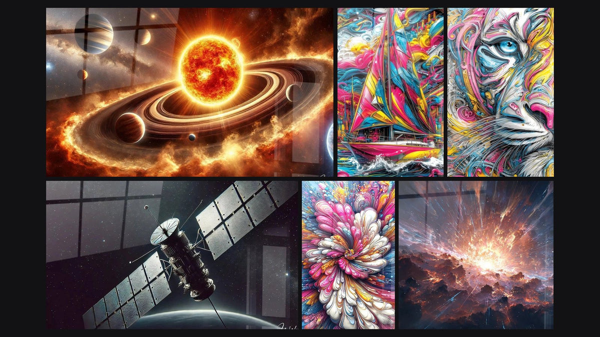 Mosaico di sei quadri, tra cui Danza dei Titani, Esploratore Spaziale e Da vela multicolore