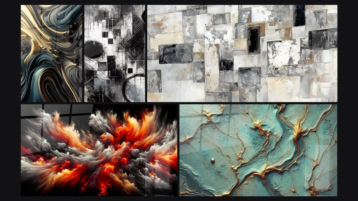 Mosaico de cinco cuadros, entre ellos Ondulaciones Opulentas, Fragmentos del Absoluto y Tormenta Solar Abisal
