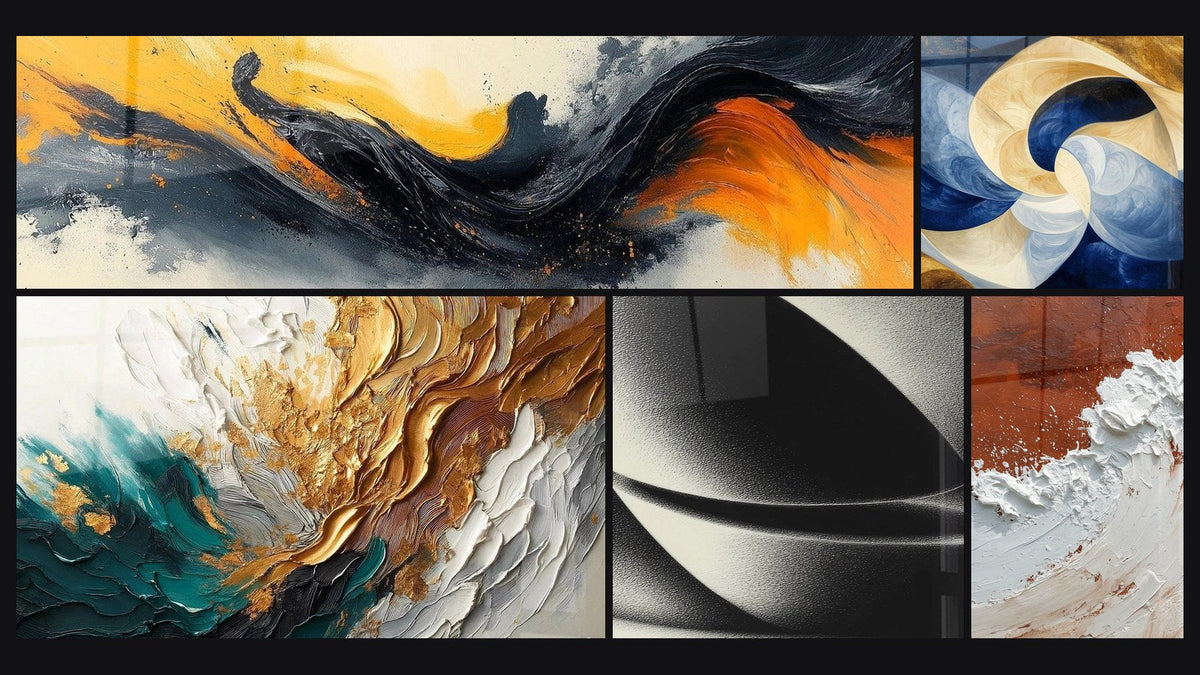 Mosaic of five paintings, including Contrasted Symphony Black, Trace Artwork in Gold and Jade and Abstract Sphere