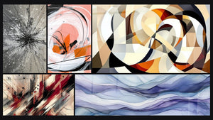 Mosaic of five paintings, including Artistic Turbulence, Dreamy Scrolls Periwinkle and Interlocking circular shapes