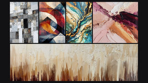 Mosaico de cinco cuadros, entre ellos Mosaico Abstracto Gris y Blanco, Formas geométricas circulares y Laberinto Mineral