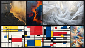 Mozaïek van vijf schilderijen, waaronder Bloed van de aarde, Tafel geometrische compositie en Zeilen van Licht