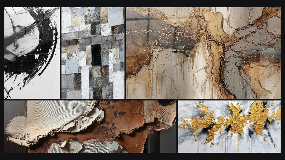 Mosaico de cinco cuadros, entre ellos La Fractura del Tiempo y Texturas abstractas tierra y blanco roto