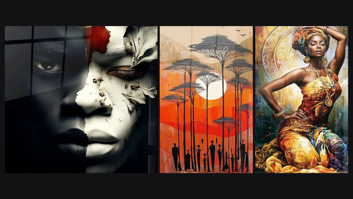 Mosaico di tre quadri: Ritratto Âme delle origini, Tramonto Africano e Ballerina Dorata con Turbante Decorato