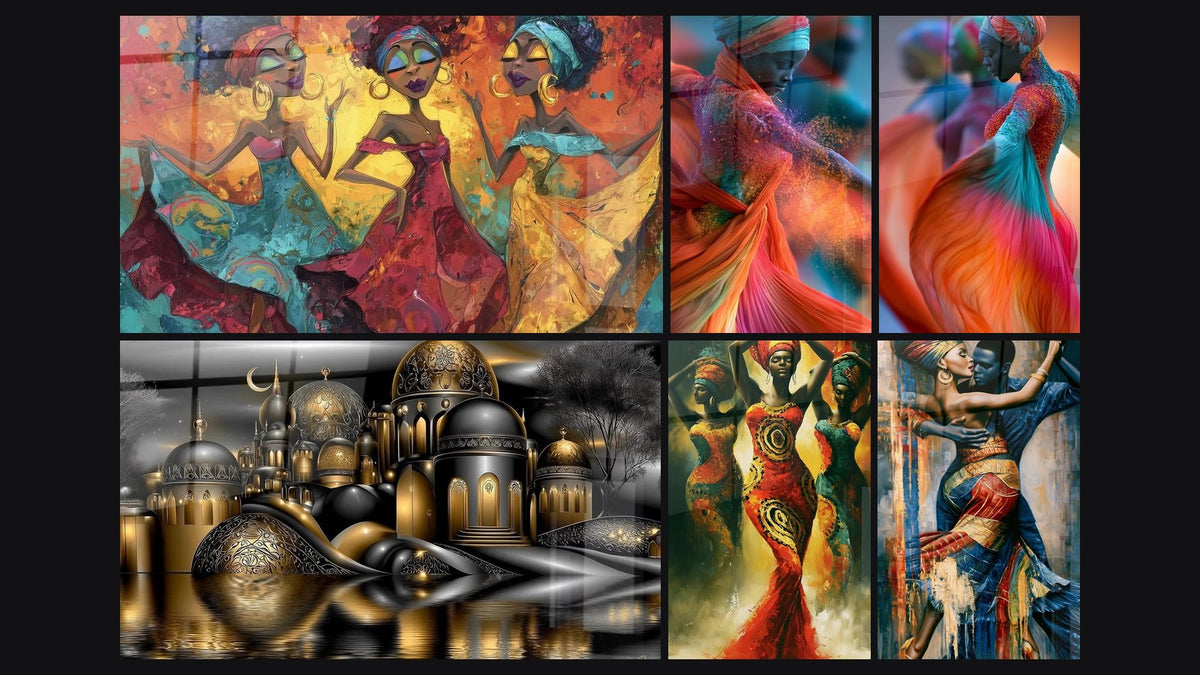 Mosaïque de six tableaux, dont Danseuses bijoux dorés, Architecture orientale et Danseuse turban orange et turquoise
