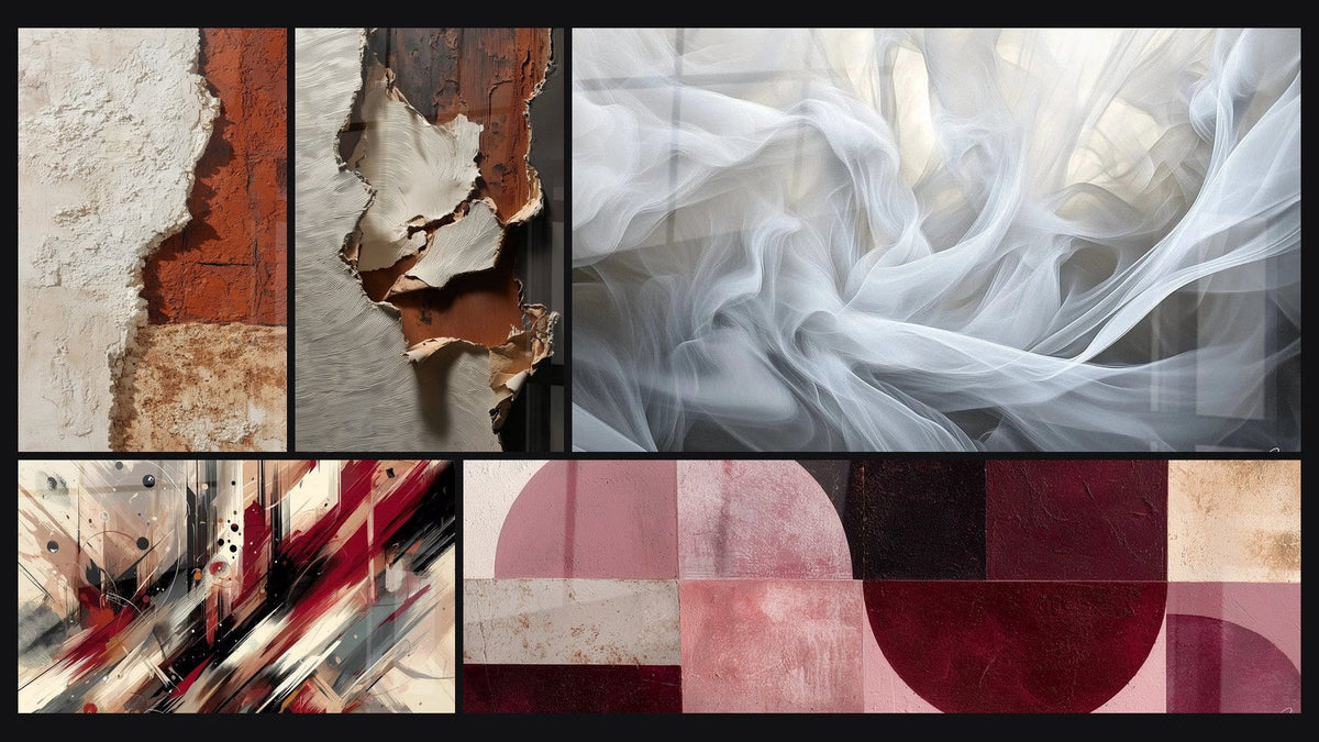Mosaic of five paintings, including Artistic Turbulence and Veils of Light