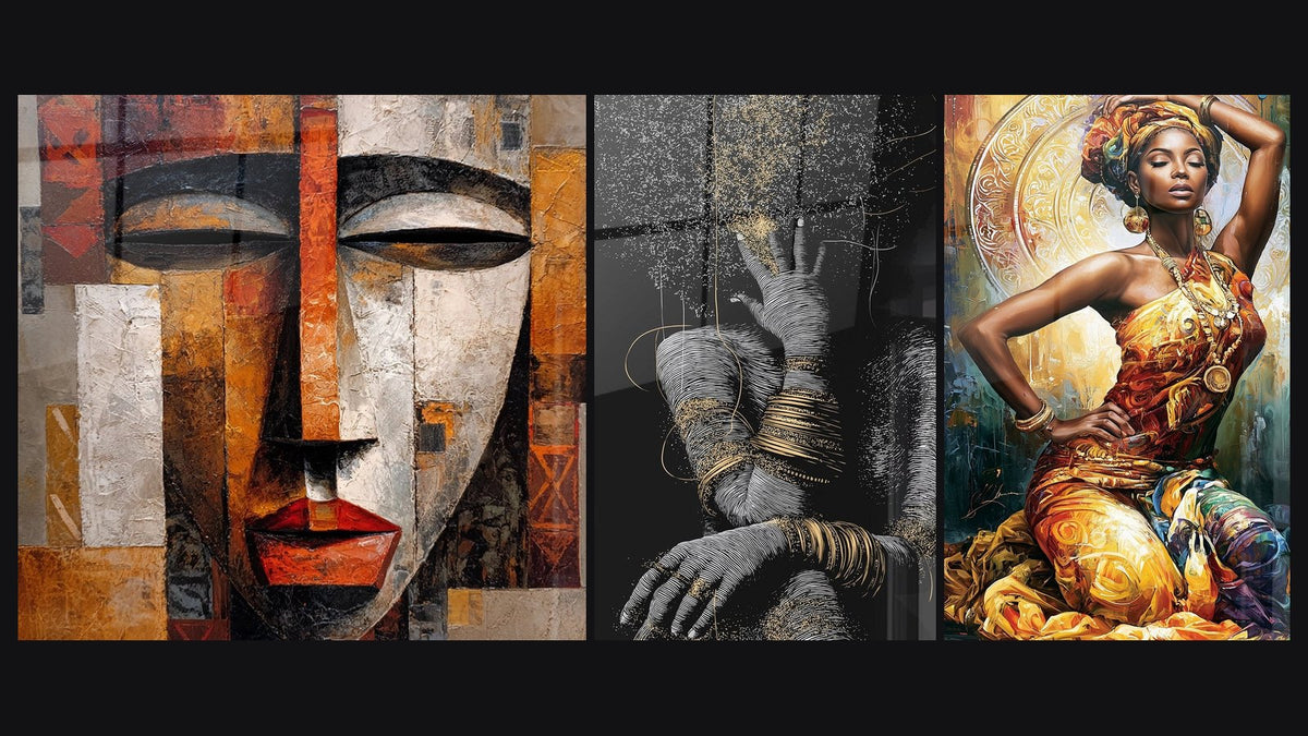 Mosaico di tre quadri: Maschera tribale cubista, Con mani intrecciate e Ballerina Dorata con Turbante Decorato