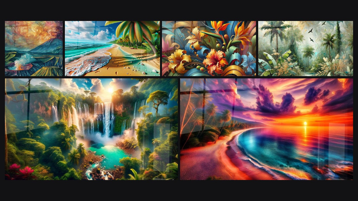 Mosaico di sei quadri, tra cui Di vulcano in eruzione, Serenata delle Palme in Riva al Mare e Rapsodia Botanica