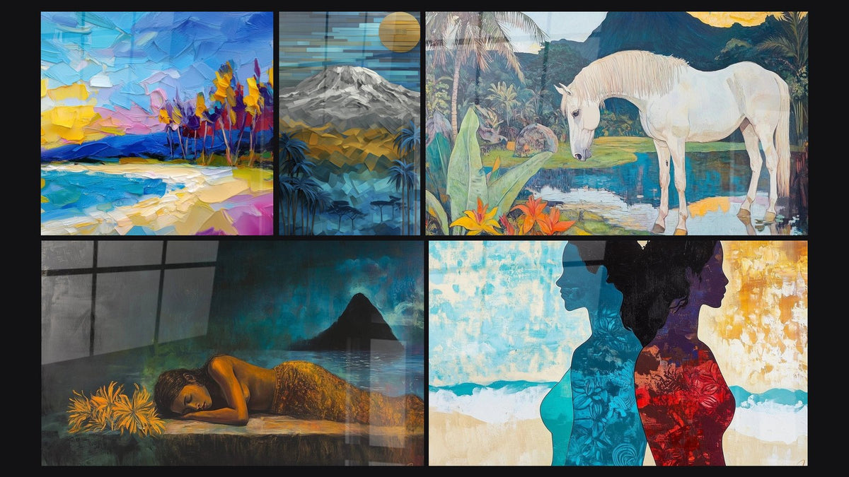 Mosaïque de cinq tableaux, dont Plage tropicale et Montagne Tropicale Géométrique