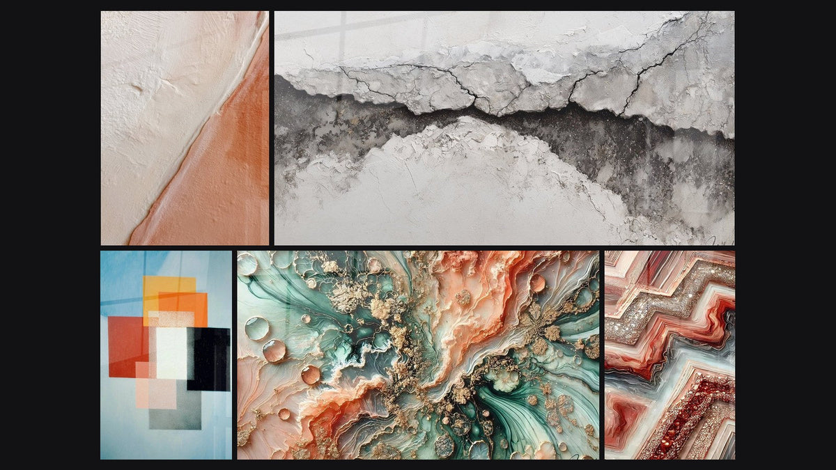 Mosaic of five paintings, including Textured Diagonal White and Brick, Geometric Shapes Functional Contrast and Coral Dream