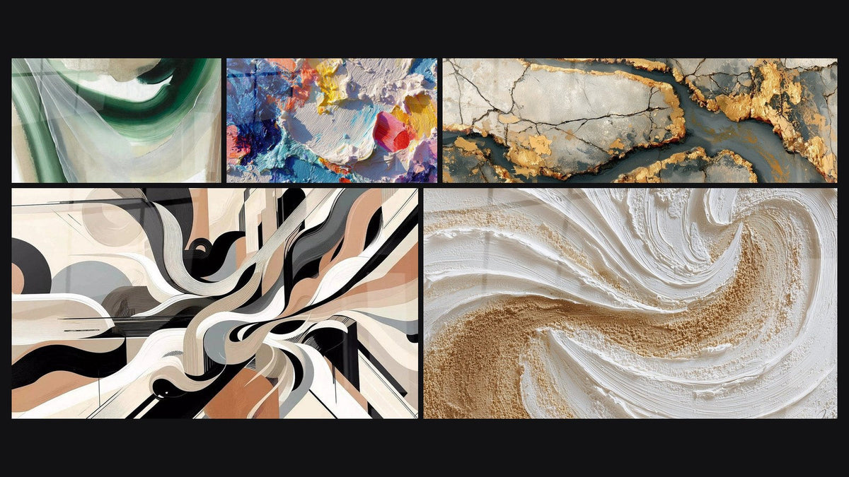 Mosaico di cinque quadri, tra cui Seta di Smeraldo, Di pittura astratta e Marmo dorato con venature antracite