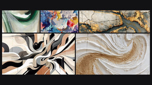 Mosaico de cinco cuadros, entre ellos Seda Esmeralda, Mármol Dorado con Grietas Antracita y Vibraciones Gráficas