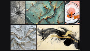 Mosaico de cinco cuadros, entre ellos Ríos de Oro, Ciervo Pasión Negro y Espiral Blanca y Coral con Rayas Negras
