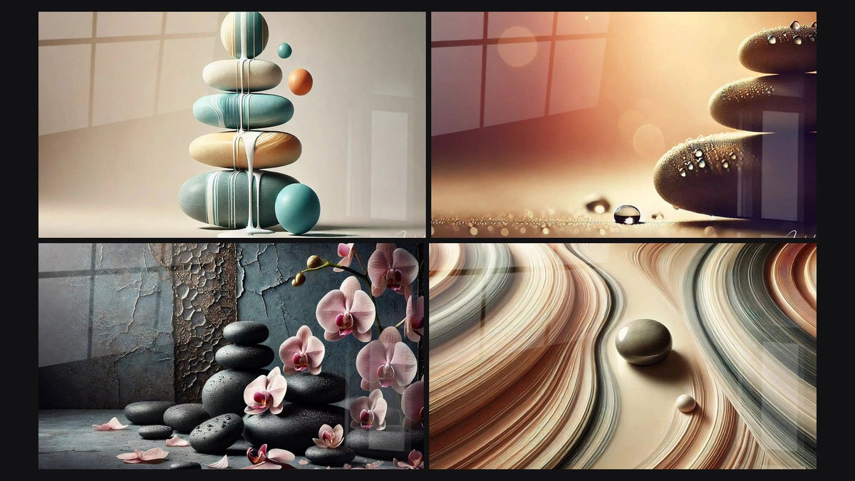 Mozaïek van vier schilderijen, waaronder Balans Pastel, Wanddecoratie Ochtendstilte en Stenen en Bloesems