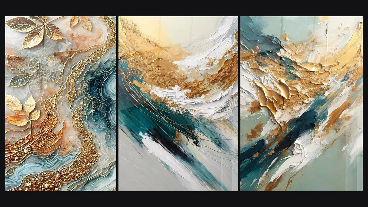 Mosaïque de trois tableaux : Feuilles d'Or, Crête d'Or et d'Écume et Flux et Reflux Doré