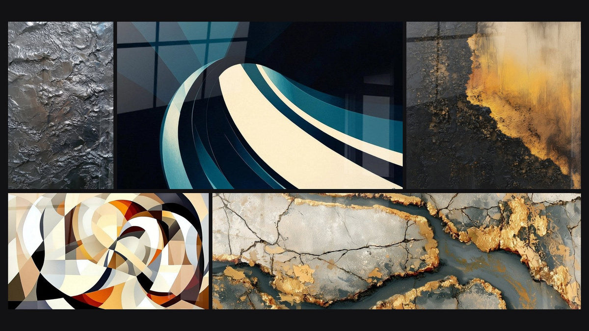 Mosaic of five paintings, including Textured Silver Metallic Abstract Relief and Modern Spiral Wave