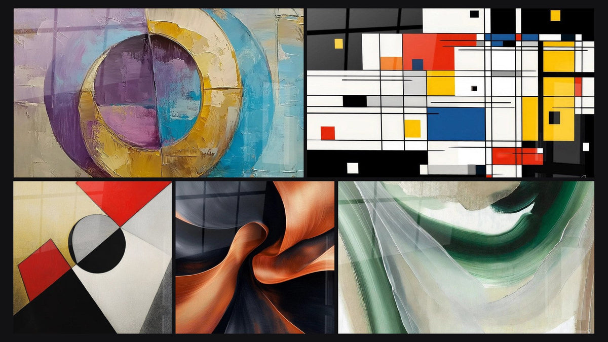 Mosaic of five paintings, including Concentric Colored Circles, Colorful geometric composition and Colorful geometric shapes
