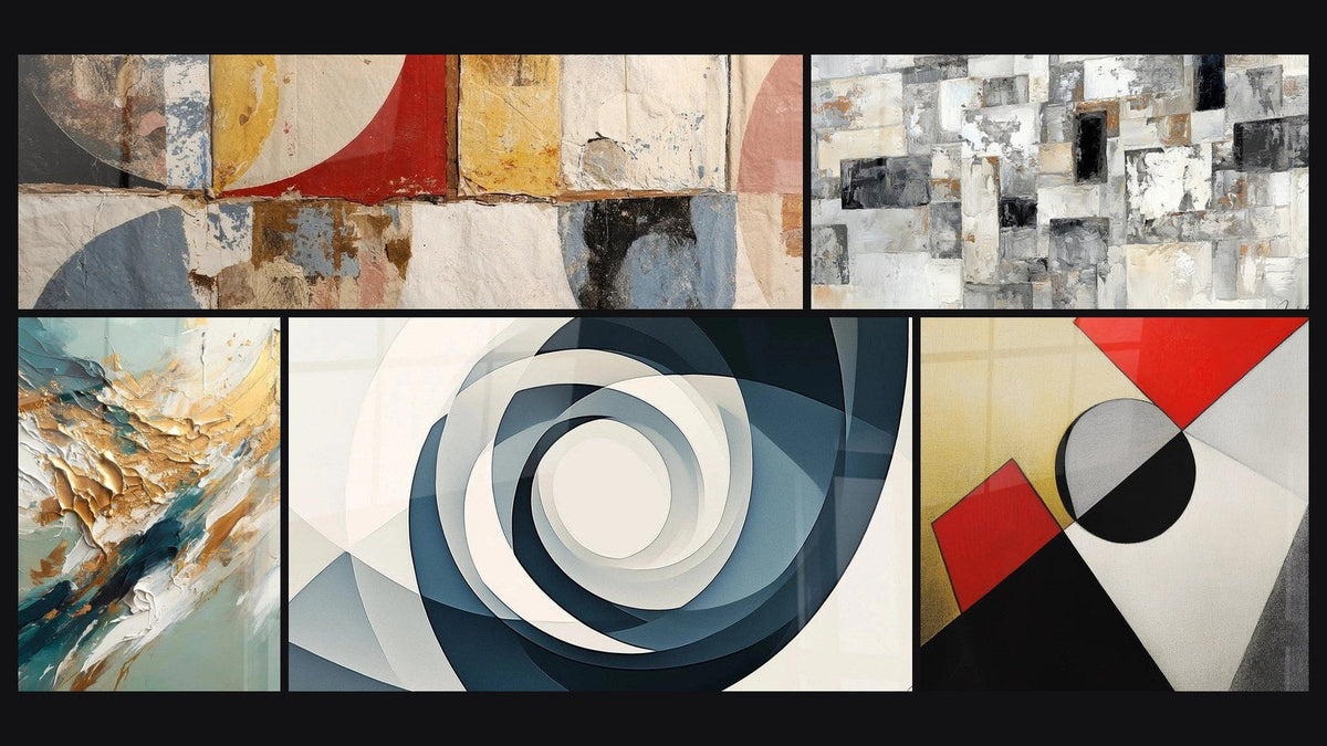 Mosaic of five paintings, including Abstract Geometric Shapes and Golden Flux and Reflux