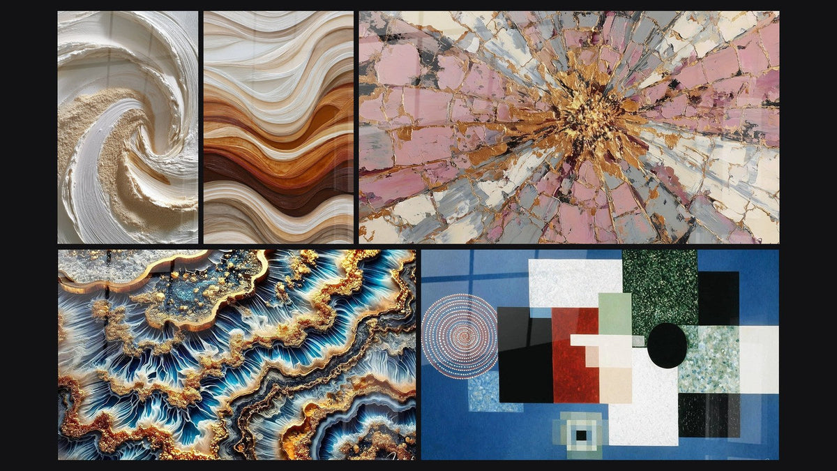 Mosaik aus fünf Gemälden, darunter Goldene Gezeitenwelle und Fließende Wellen Erde und Kupfer