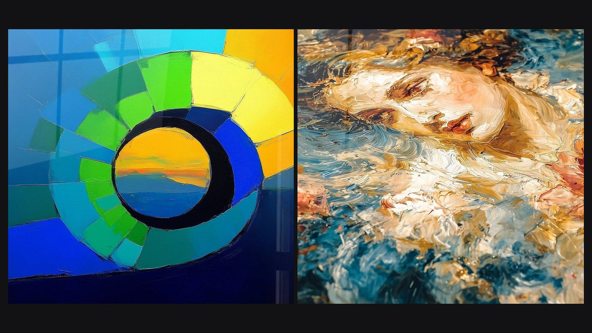 Deux tableaux côte à côte : Spirale colorée arc-en-ciel et Visage Révérie Ocre