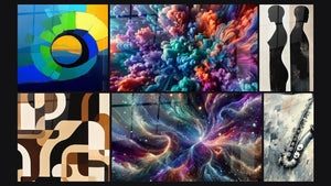 Mosaico de seis cuadros, entre ellos Espiral de colores arcoíris y Abstracto Africano Ecos del Sahel