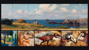 Mosaïque de cinq tableaux, dont Paysage côtier, Paysage méditerranéen et Dinosaure préhistorique