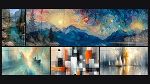 Mosaïque de cinq tableaux, dont Rivière de Montagne, Lac montagneux surréaliste et Au Cœur de la Brise