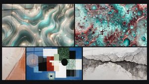 Mosaico de cinco cuadros, entre ellos Ondas Centelleantes, Esencia de Granate y Composición Geométrica Orden Racional