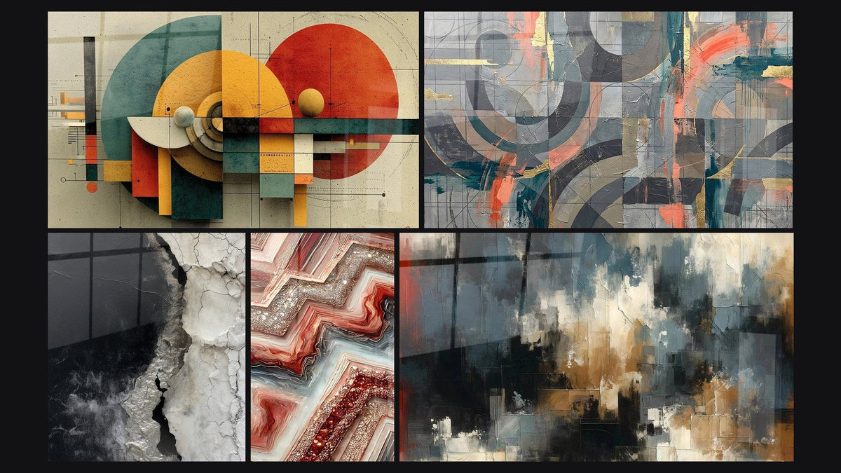 Mosaico de cinco cuadros, entre ellos Geométrico Revolución Circular y Círculos grises y coral entrelazados