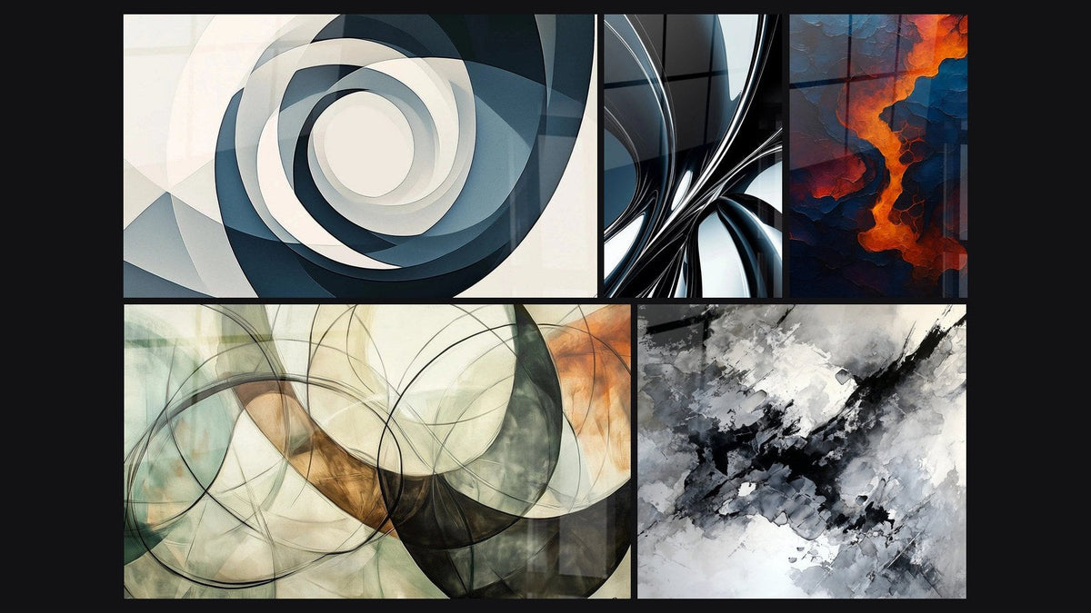 Mosaico de cinco cuadros, entre ellos Vortex Azul, Los Lazos Invisibles y Espiral metálico cromado