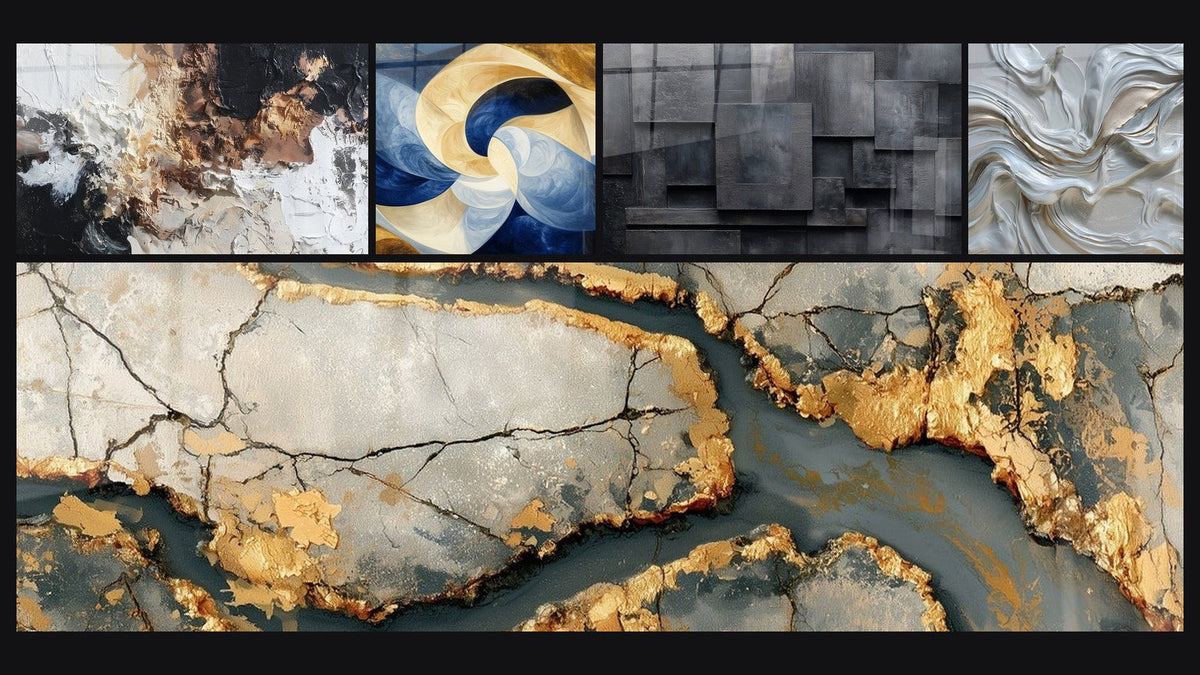 Mosaïque de cinq tableaux, dont Abstrait texturé blanc noir bronze et Souffle Divin Blanc