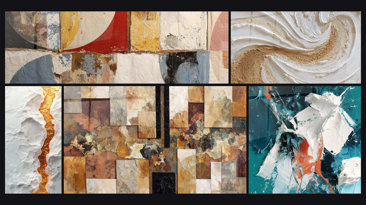 Mozaïek van vijf schilderijen, waaronder Abstracte geometrische vormen