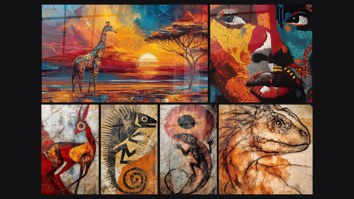 Mosaik aus sechs Gemälden, darunter Afrikanisches Gesicht farbiges Mosaik und Stilisierte rote Antilope