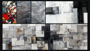 Mosaico de cinco cuadros, entre ellos Revolución Arquitectónica Moderna
