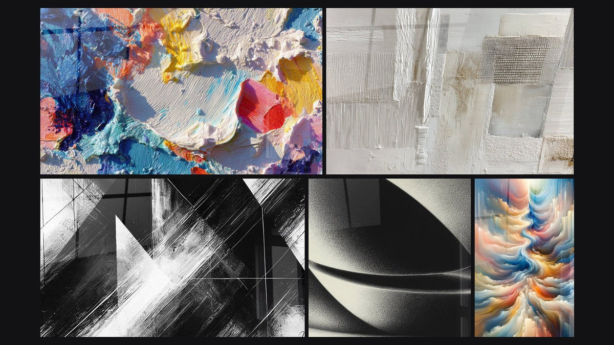 Mosaic of five paintings, including Convergence Points, Abstract Sphere and Resonance of Celestial Hues