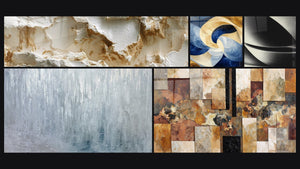 Mosaico de cinco cuadros, entre ellos Aliento Divino Blanco y Esfera abstracta